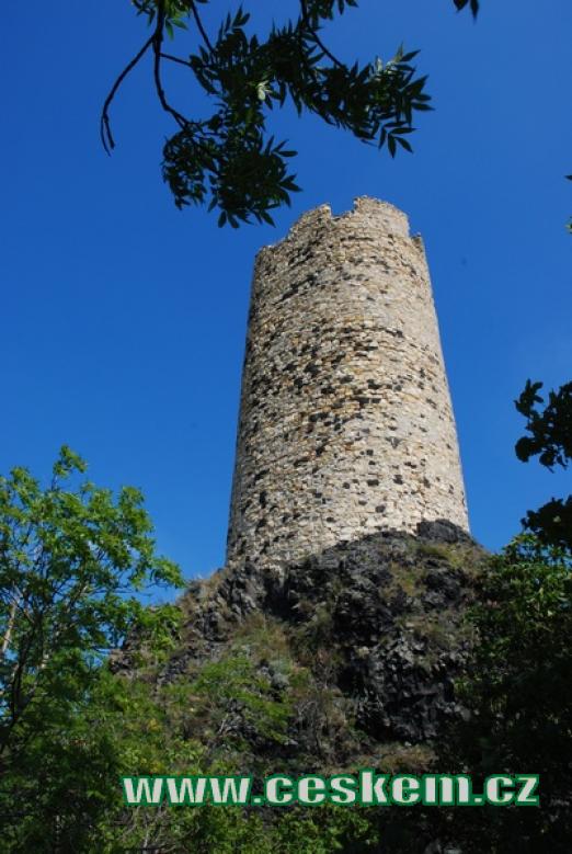 Pohled na věž zdejšího hradu Skalka.